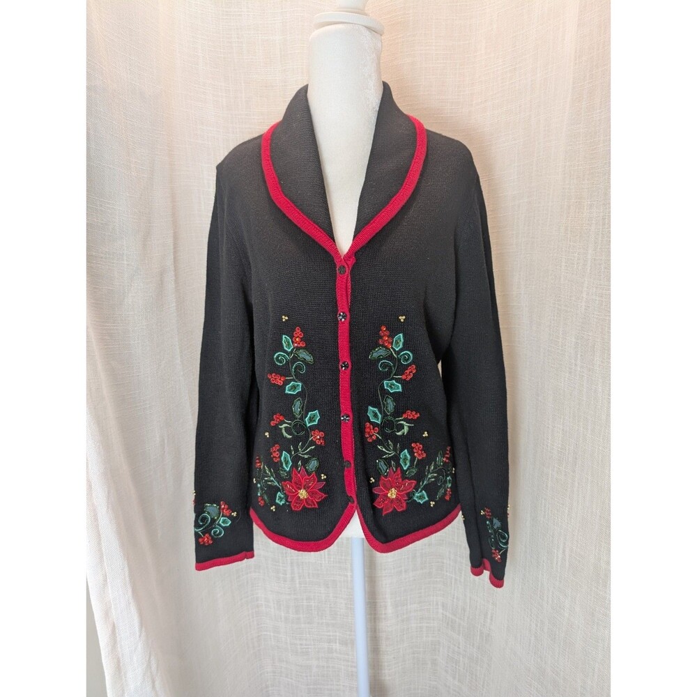 Vintage Tiara International Christmas Sweater Embroidered Beaded Black Women's M